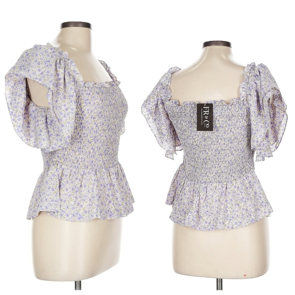 Purple Smocked Peplum Blouse with Square Neck and Puff Sleeves